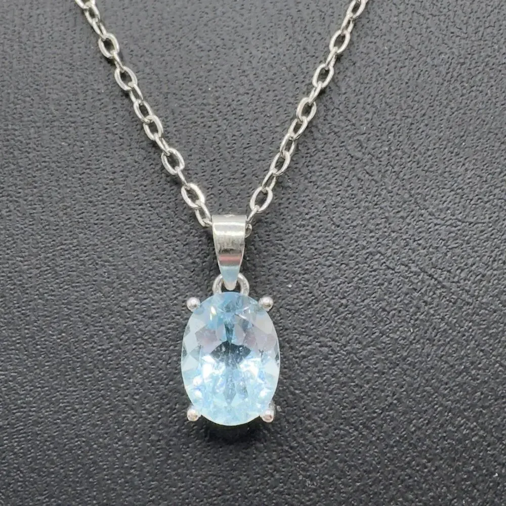 Sterling Silver Blue Topaz Pendant Necklace Feminine Dainty Plated Brass Chain - Picture 1 of 9